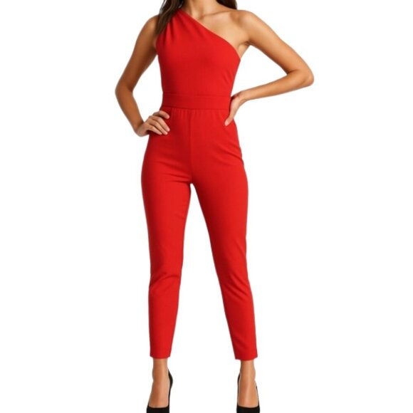 NWT Bebe Red One Shoulder Jumpsuit Asymmetrical Neckline Pocket XXS - Picture 1 of 14